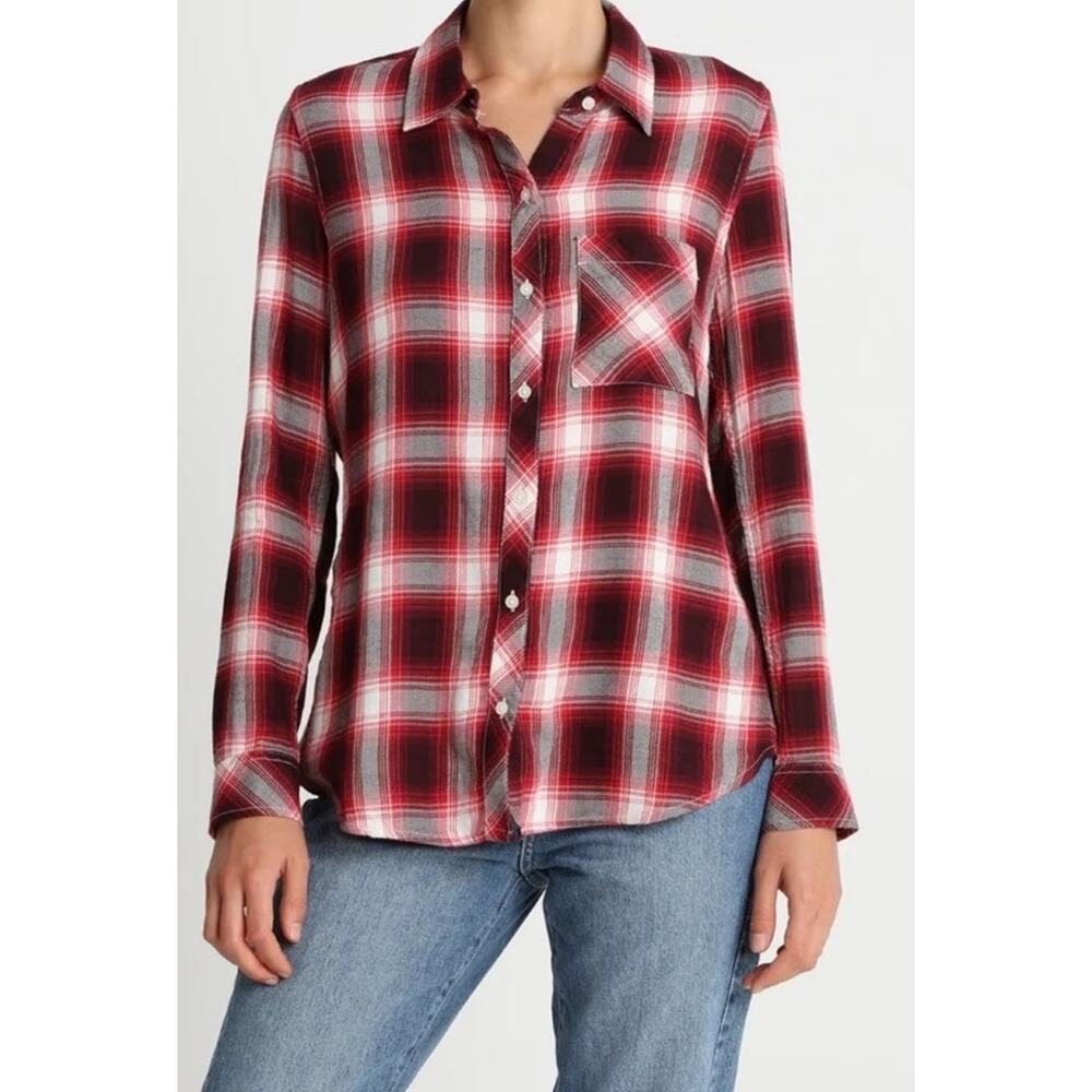GAP Women Red Drapey Plaid Cotton Button Rustic Outdoor Long Sleeve Shirt Medium